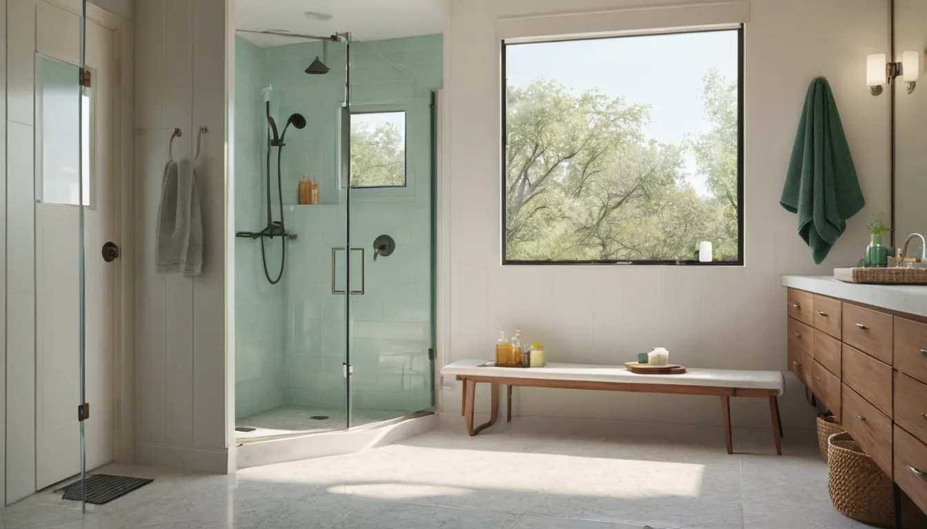 Walk-in shower with a bench and grab bar in a Rogers home bathroom